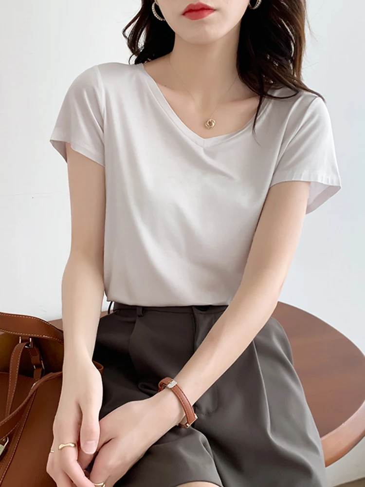 

Tee Shirt Women Solid V-Neck Short Sleeve Tops Soft Tee Modal Cotton T-Shirts Summer Sport Quick Dry Super Breathable Casual