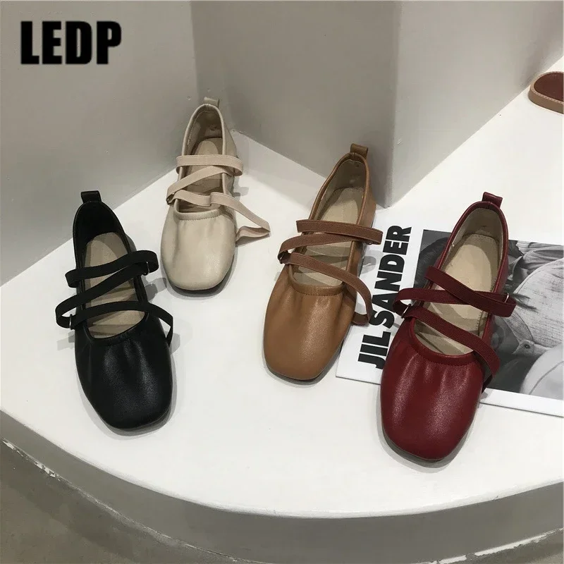 

Ballet Flats Ladies Shallow Women Elastic Band Square Toe Pleated Female 2023 New Single Shoes Mary Janes Cross Tied Vintage