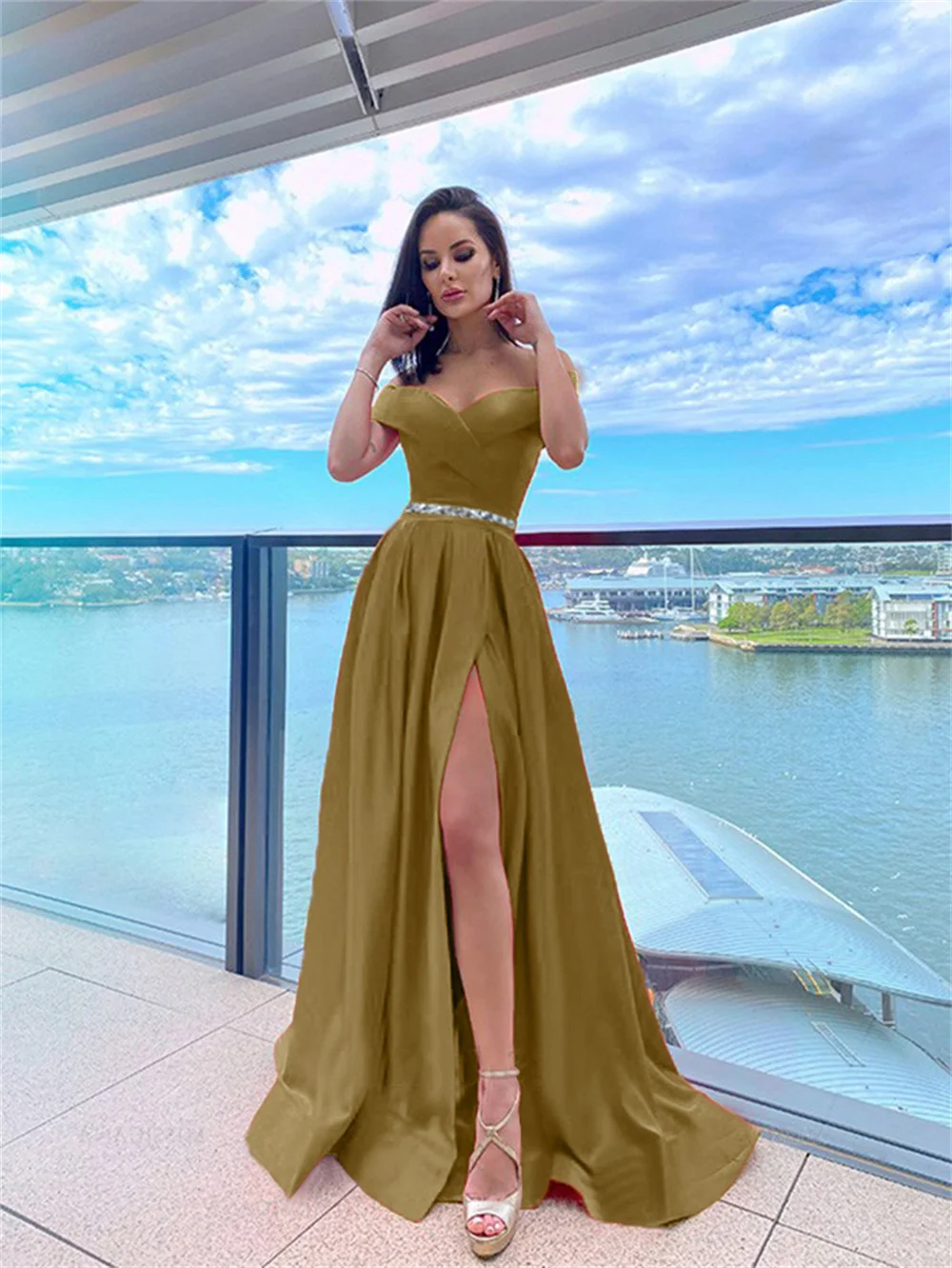 Women Fashion Soft Satin Party Dress Off-Shoulder V-neck Prom Evening Dress Elegant Sexy High Split Formal Dresses