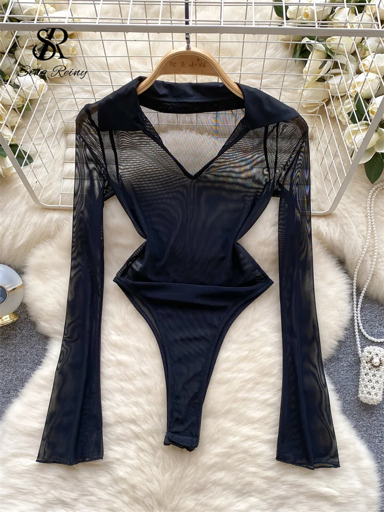 Однотонное Сетчатое боди SINGREINY 2024 с V-образным вырезом Модный облегающий уличный