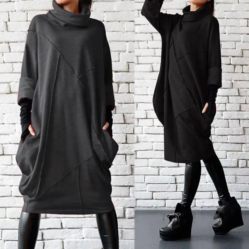 

Kaftan Patchwork Hoodies Women's Turtleneck Sweatshirts ZANZEA 2022 Casual Long Sleeve Short Vestidos Female Solid Robe Femme
