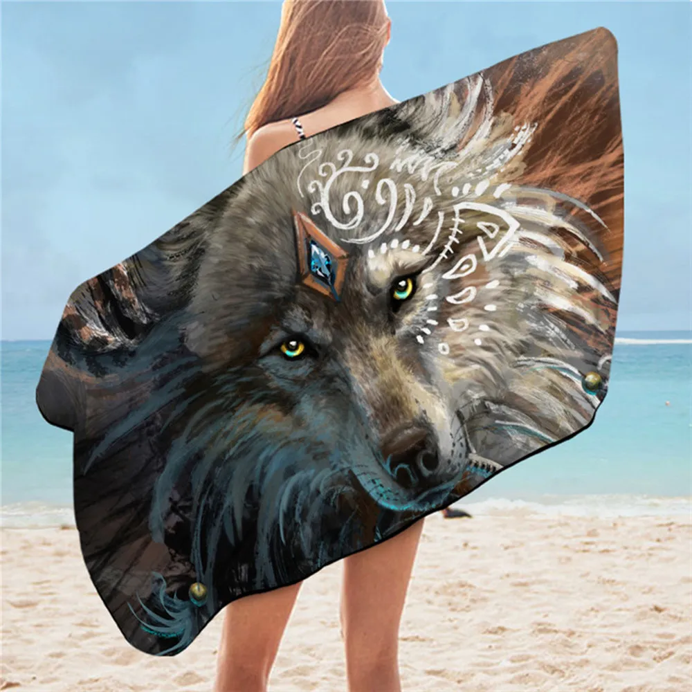 

Wolf Warrior Towel Bathroom Microfiber Beach Towel Tribal Wolf Summer Blanket Wild Animal Shower Home Decor Travel for Women Men