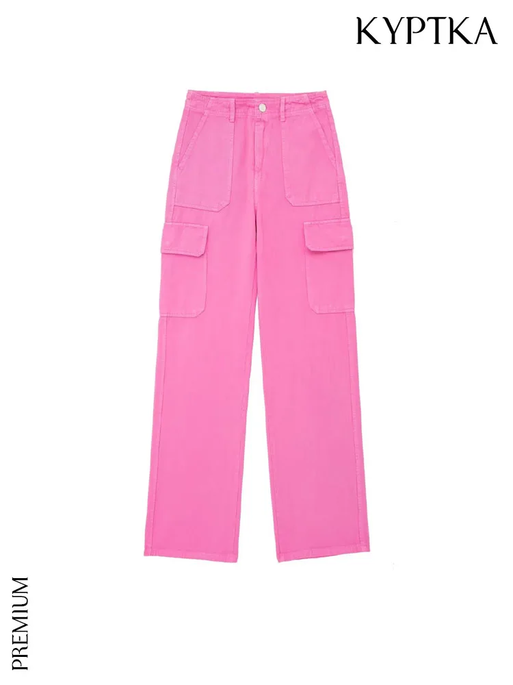 KYPTKA Women Fashion Side Pockets Straight Cargo Pants Vintage High Waist Zipper Fly Female Trousers Mujer