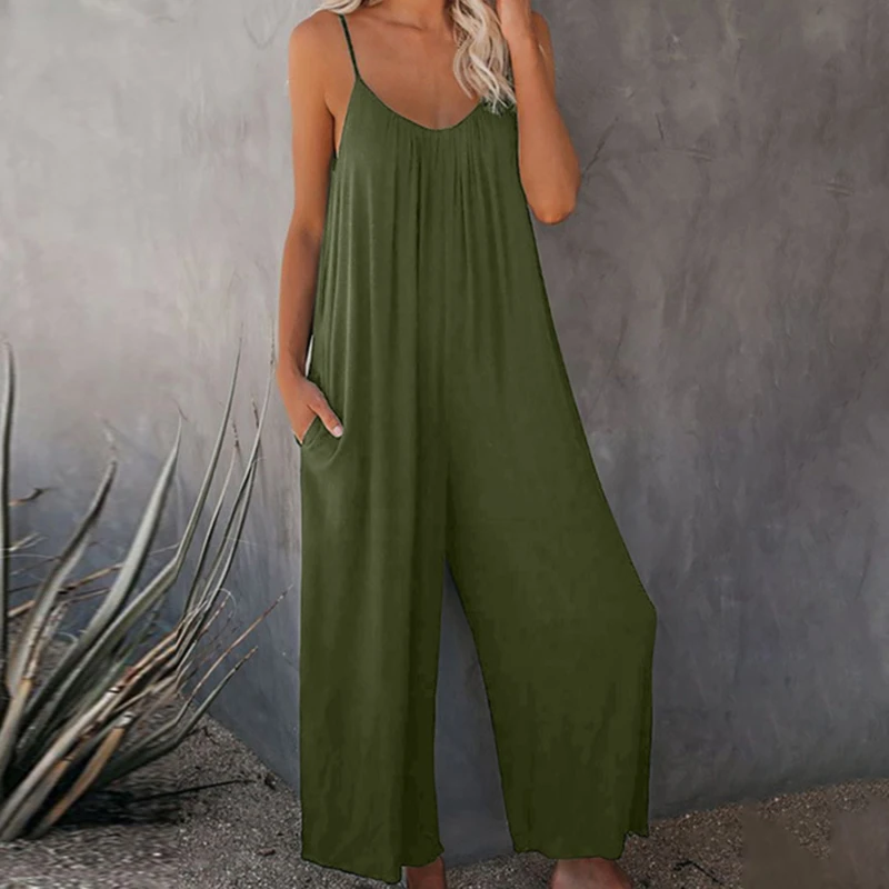 

2022 Sling Jumpsuit Women Summer New Solid Color Pocket Casual Jumpsuit Casual Loose Backless Sleeveless Long Rompers