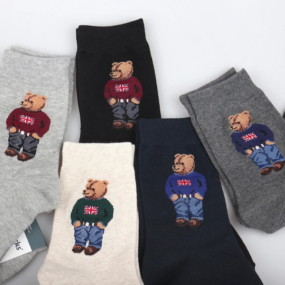 

5 Pairs Bear Men's Socks Cotton Cartoon Gentleman Harajuku Skateboard Spring Winter Warm Novelty Breathable Sox Christmas Gift