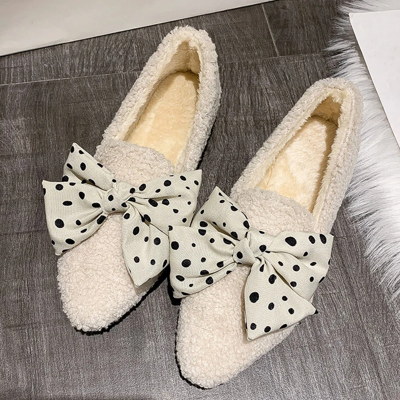 Women Winter Curly Sheep Loafers Plush Cotton Shoes Casual Fuzzy Designer Luxury Lambswool Bowknot Mocasines Flat Shoes