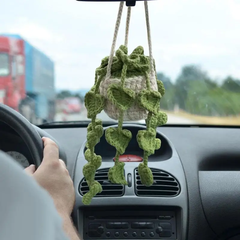 

Crochet Car Accessories Creative Potted Plants Crocheted Rearview Mirror Hanging Accessories Plants Car Decor Hanging Ornament