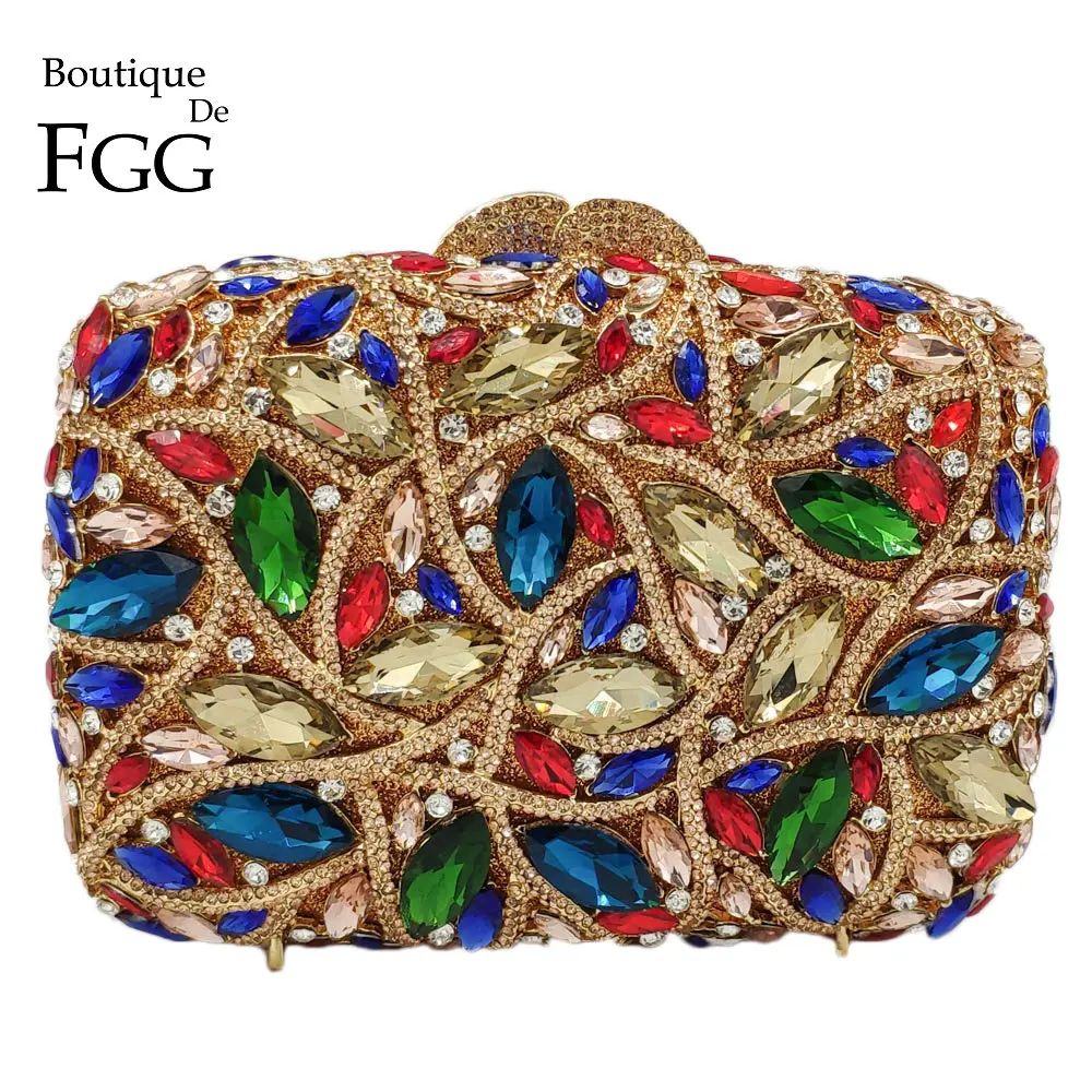 Boutique De FGG Multicoloured Hollow Out Women Crystal Clutch Evening Bags Wedding Rhinestone Handbags Bridal Diamond Purses Bag