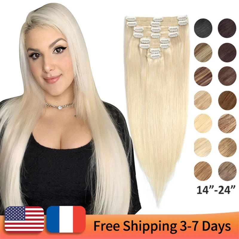 MRS HAIR #60 Platinum Blonde Clip In Hair Extensions Natural Human Hair NonRemy Clip In Extension Full Head 7/8pcs/set 24