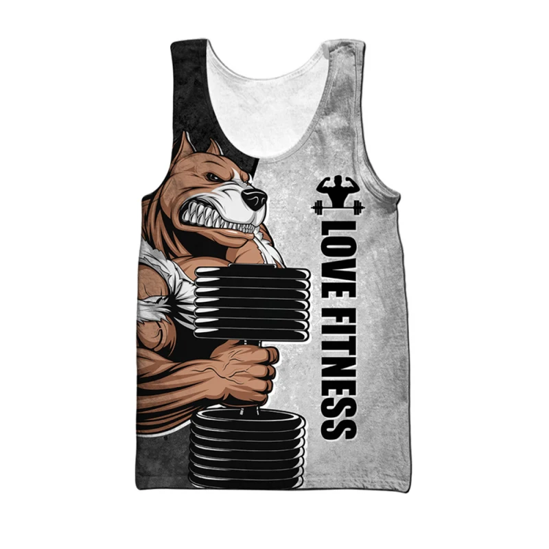 

HX Rottweiler Love Fitness Tank Tops 3D Cartoon Animal Letter Print Tops Sleeveless Fashion GYM Men Clothing