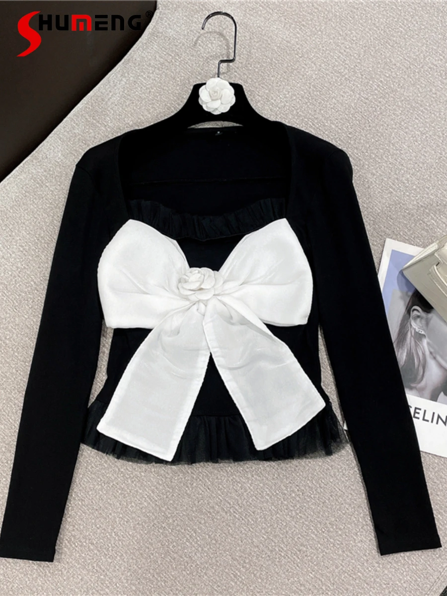 

2022 Spring Summer New Ladies Fashion Sweet Court Style Bow T-shirt Women's Elegant Vintage Mesh Long Sleeve Pullover Top Tees