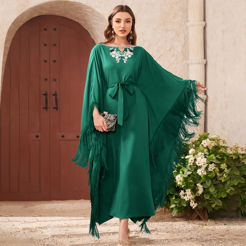Summer Spring 2023 Muslim Women Long Sleeve O-neck Green Polyester Long Abaya Tassel Muslim Dresses Muslim Fashion Abaya