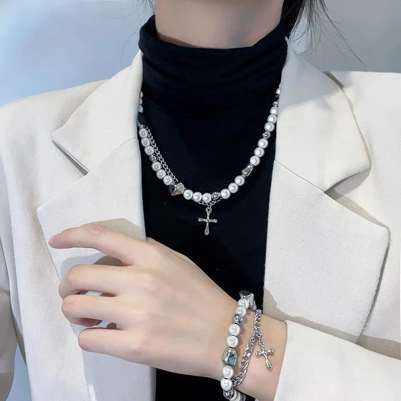 

New Double-layered Pearl Cross Necklace Bracelet Set For Men And Women Hip-hop Gothic Accessories With Feminine Collarbone Chain