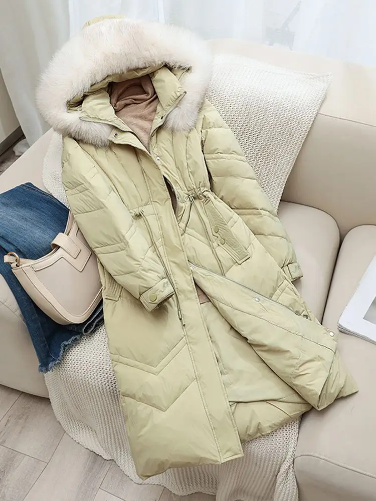 Women Long Down Jacket New Casual Style Fox Fur Collar White Duck Down Jackets Autumn Winter Coats And Parkas Female Outwear