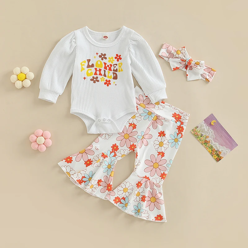 

Комбинезоны для маленьких девочек, комбинезон с длинным рукавом и цветочным принтом букв и повседневные расклешенные брюки, повязка на гол...