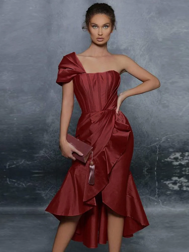 

Sexy One Shoulder Irregular Ruffle Slim Midi Dress Summer Burgundy Short Sleeve Backless Ruffle Bodycon Dress Party Club Evening