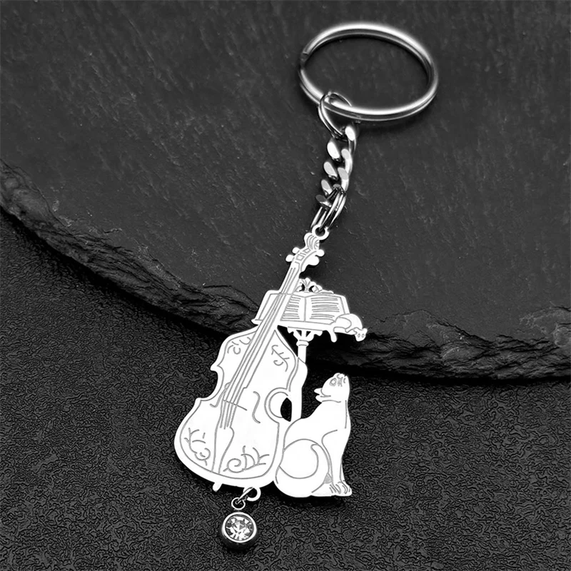 Виолончель со стразами брелок с котом для женщин и мужчин нержавеющая сталь