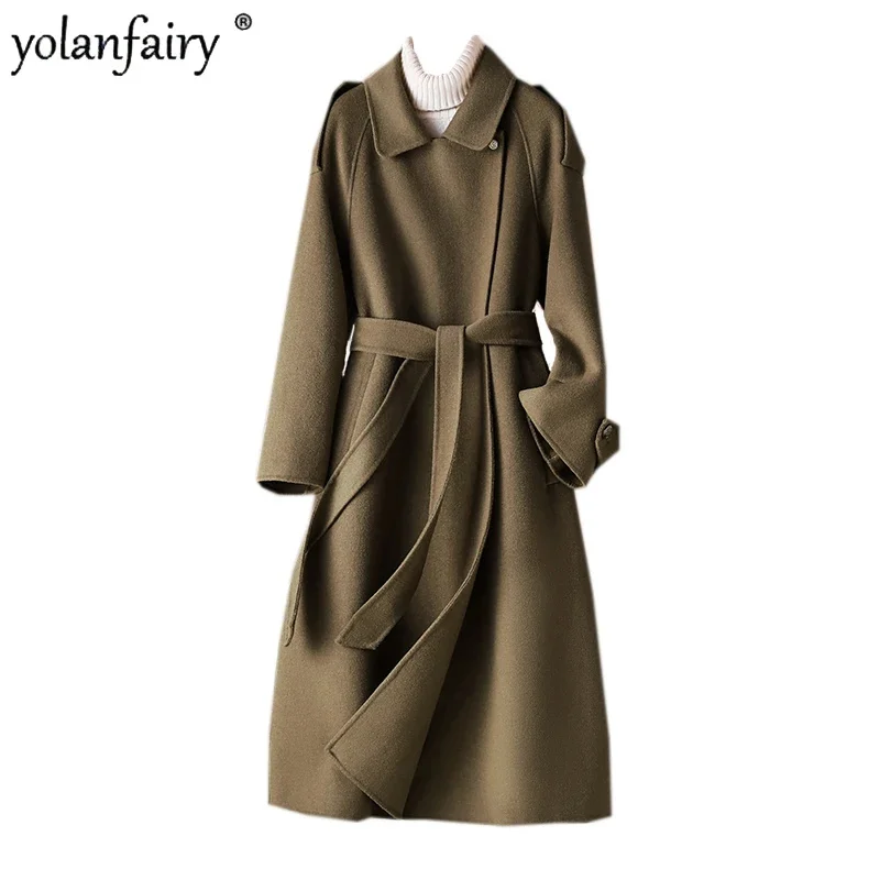 

Новинка Осень-зима 2024, высококачественное двухстороннее шерстяное пальто, женская куртка из 100% шерсти, Женский облегающий Тренч на шнуровке, Chaqueta F