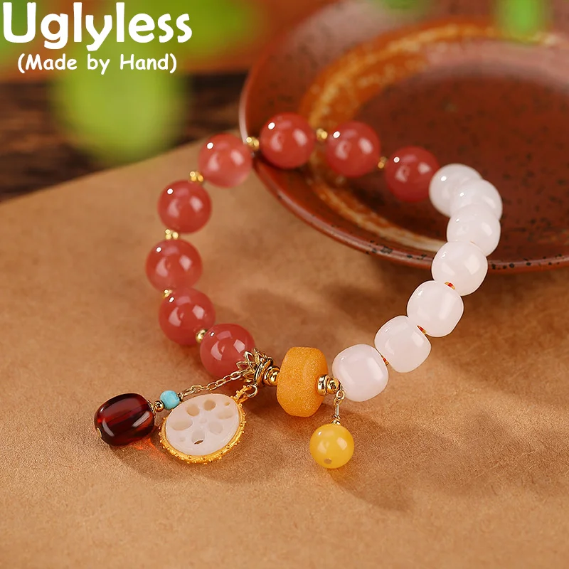 

Uglyless Pretty White Matched Red Gemstones Bracelets Women Agate Jade Bracelets Lotus Root Charms 925 Sterling Silver Jewelry