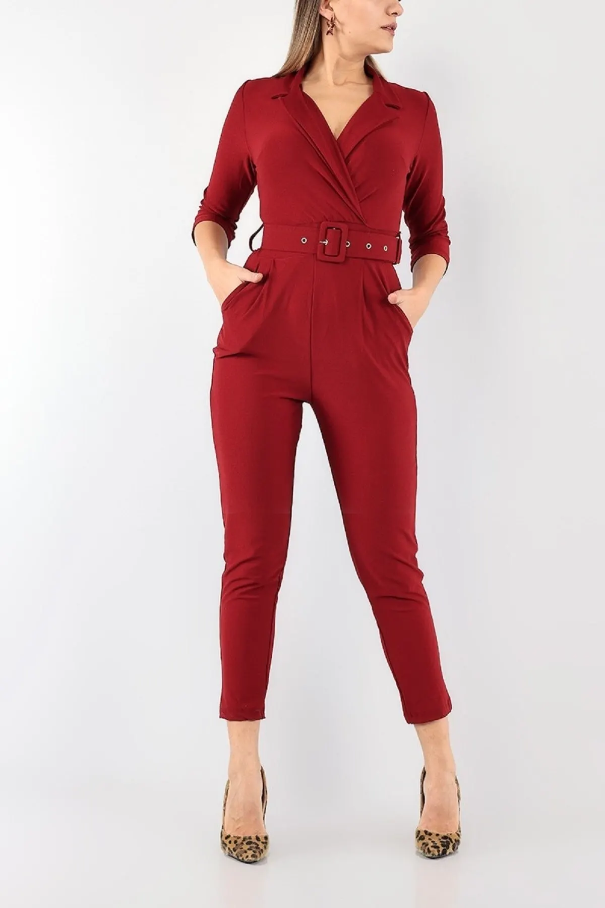 

Women's Overalls Double Breasted Collar Claret Red Jumpsuit Hot Casual Fashion Sleeveless Baggy Trousers Overalls