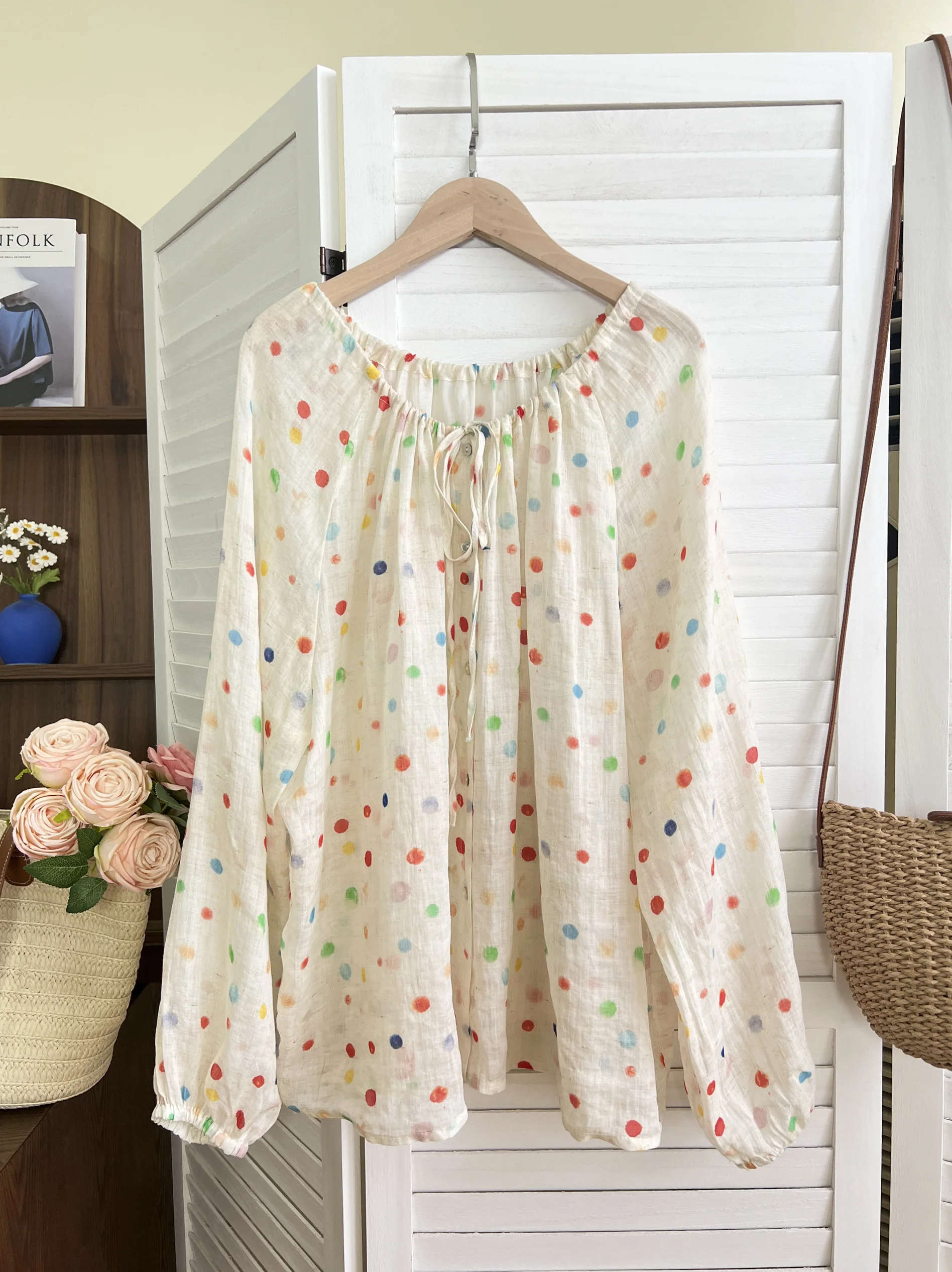 Japan fashion Artistic Color Polka Dot Pure Ramie Drawstring Neckline Long sleeve Small Shirt Loose All-Matching Top