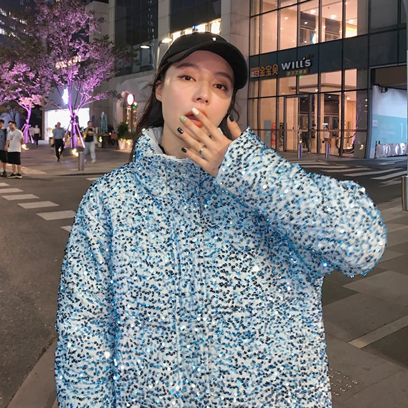 Teenage Girls Sequins Puffer Jackets for Korean Style Fashion Trends Streetwear Womens Crop Bubble Coat with Hood Female Clothes