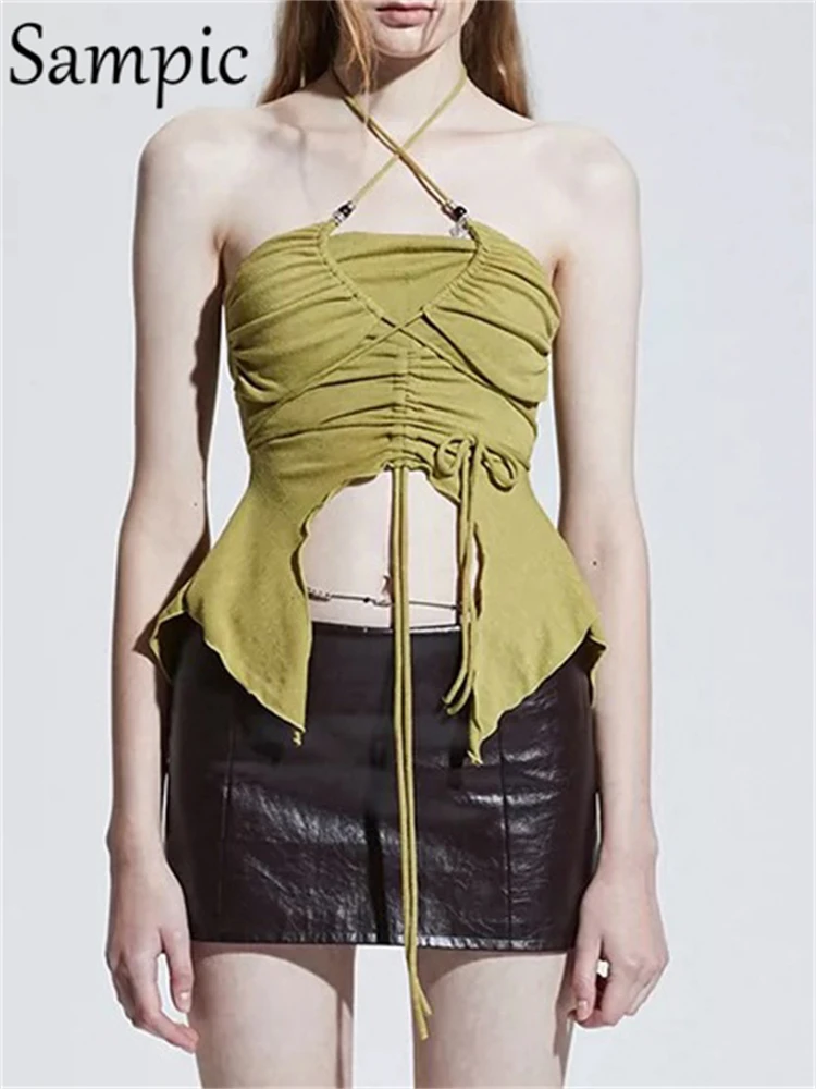 

Sampic 2022 New Fashion Skinny Basic T Shirt Women Sleeveless Tops Sexy Y2K Summer Halter Crop Tops Club Street Wear Tank Camis