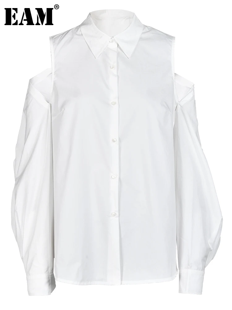 

[EAM] Women Off Shoulder Bandage Elegant Blouse New Lapel Long Sleeve Loose Fit Shirt Fashion Tide Spring Autumn 2023 CP1825