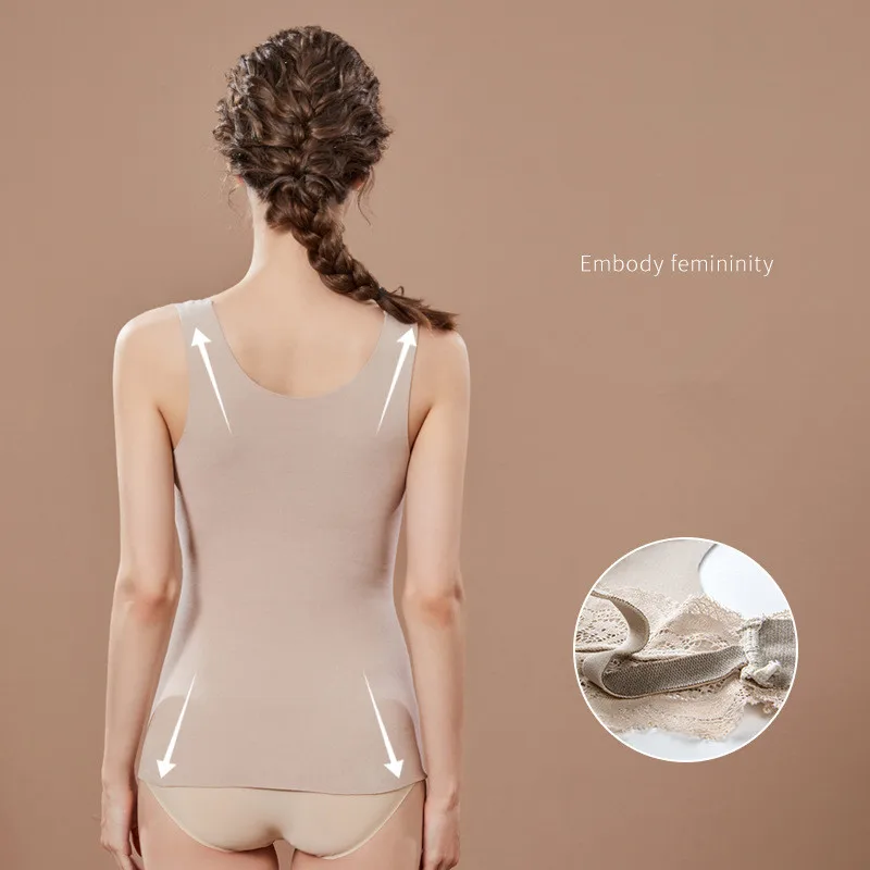 Winter Women De Fleece Heating Thermal Underwear Integrated Fixed Cup With Breast Pad Lace Thermal Vest Slim Ladies Clothing