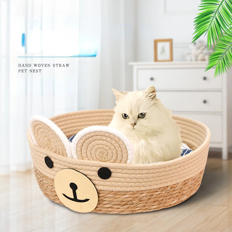 

2022 Pet Basket Mattress Rattan Grass Weaving Cat Nest Dog Kennel Straw Scratch Board Bed For Puppy Kitten All Season Universal