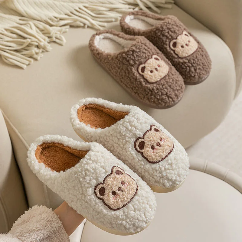 Winter House Women Fur Slippers Warm Soft For Men Cute Cartoon Bear Bedroom Ladies Girls Fluffy Slippers Couples Plush Shoes 1