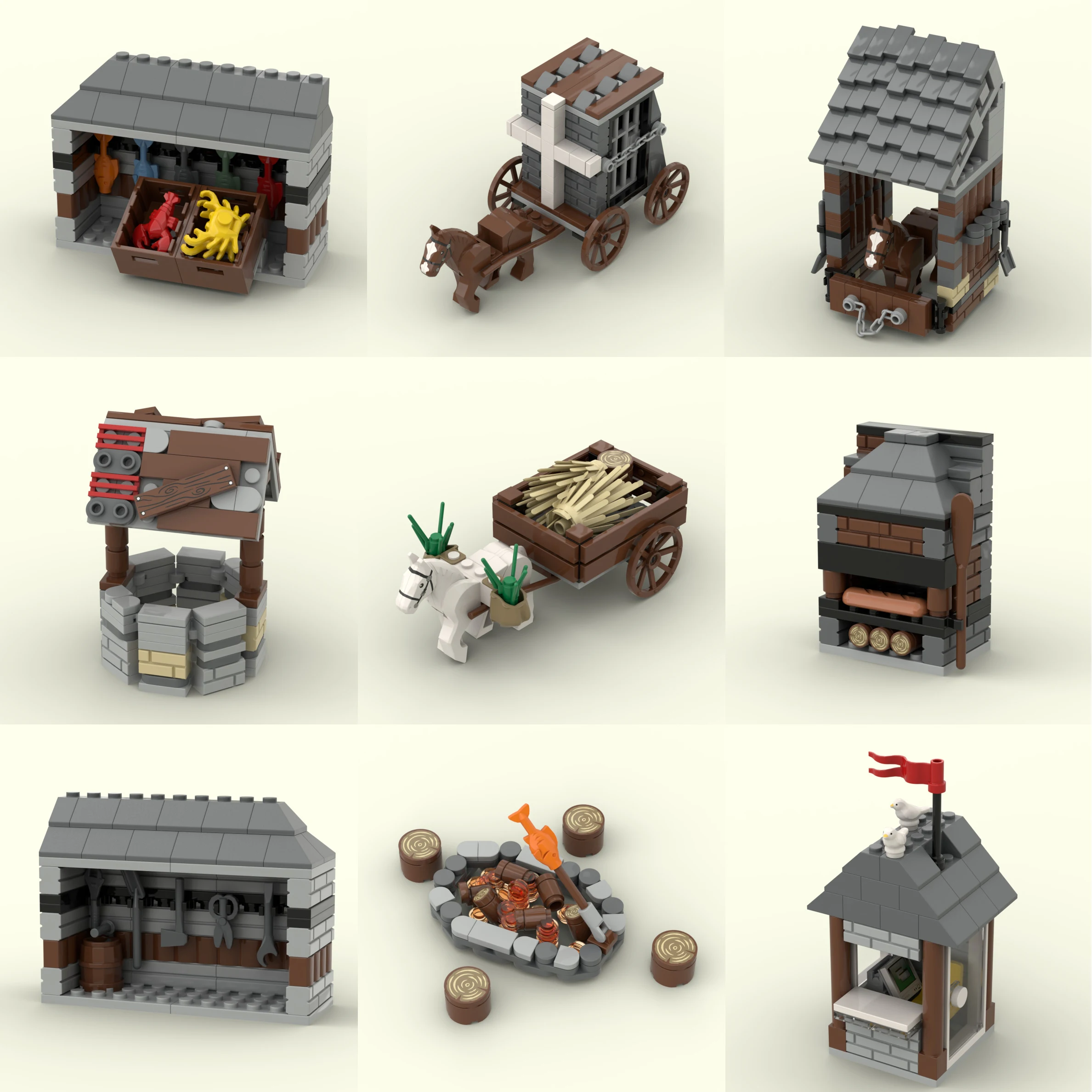 

MOC Medieval Castle Town Bread Stove Bonfire Building Blocks Fish Store Prison Horse Van Stable Water Well Bricks Toys
