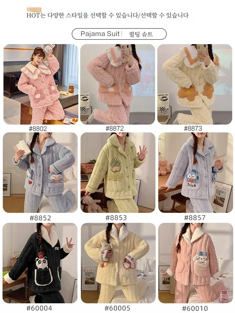 Finteng Winter Coral Fleece Pajamas Women Autumn and Three-Layer Cotton-Padded Jacket Thickened Fleece-lined Flannel C...