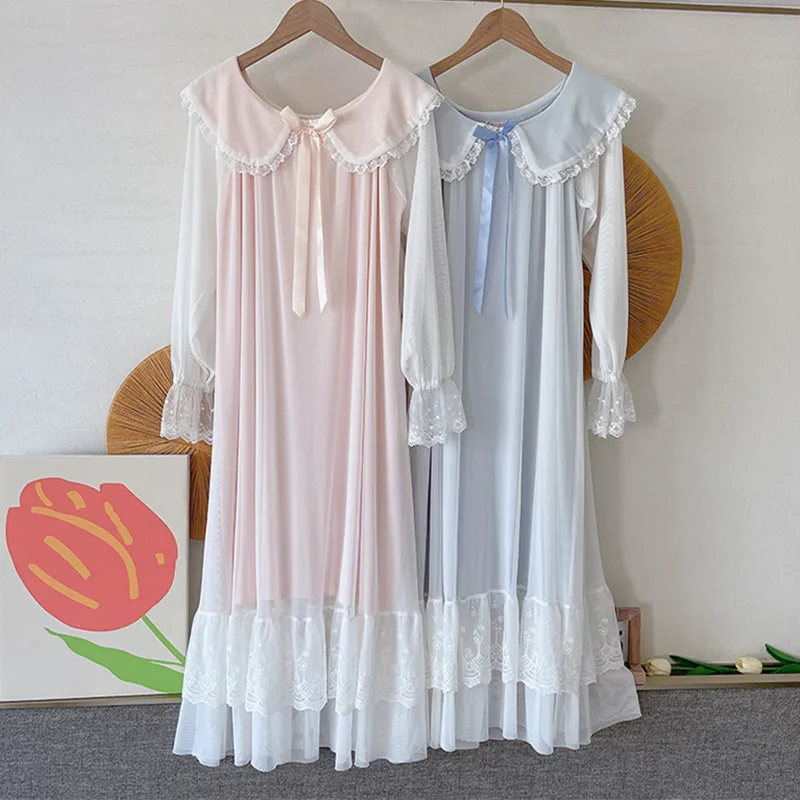 

Spring New Palace Gauze Dress Loose Princess Nightgown Women's Long Sleeve Night Shirt Lace Sweet Long Nightdress Home Wear