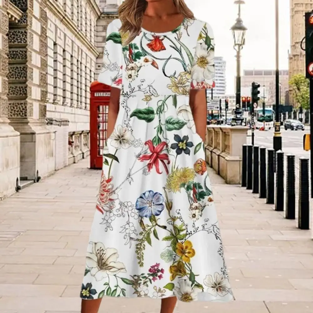 

O-Neck Short Sleeve Pleated Midi Dress Pockets Loose Hem Women Floral Print A-Line Holiday Dress Daily Clothing