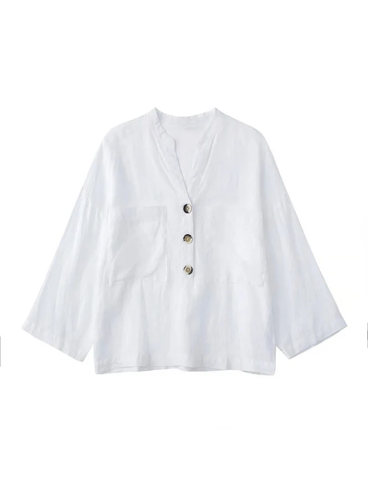 

YLJHQX 2022 Spring Women's Fashion White Shirts Casual Cropped Sleeves V-Neck Patch Pockets Decor Female Pullovers Chic Tops