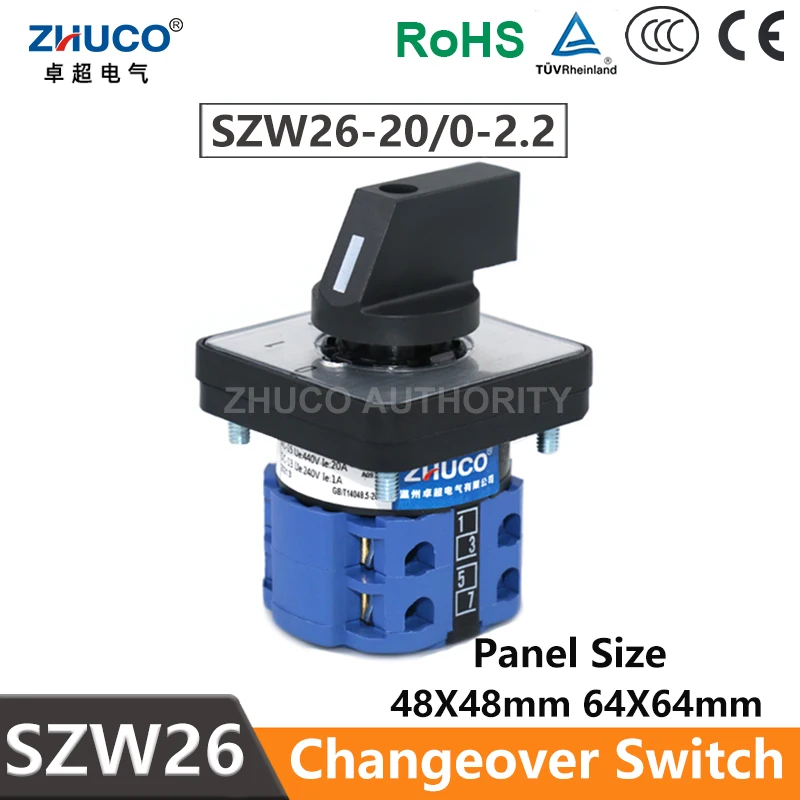 Фото ZHUCO SZW26/LW26-20/0-2,2 LW28 LW39B Выбор переменного тока, 2 полюса, 8 клемм, 0-1-2, трехпозиционный кулачковый переключатель управления питанием, 20 А, 660 В №4