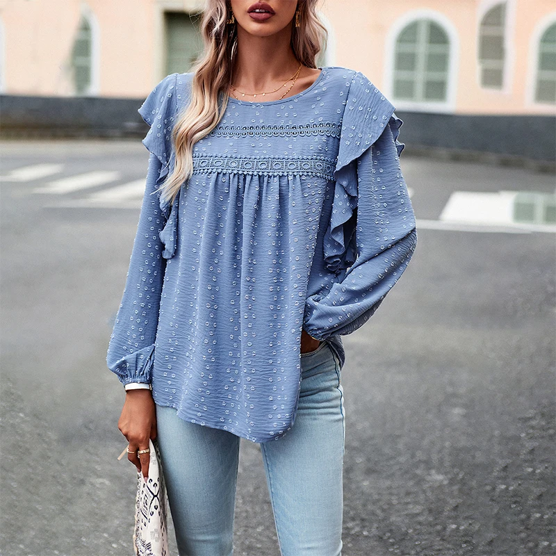 

Spring and Autumn Women's Pullover Round Neck Solid Embroidery Cut Lace Ruffle Long Sleeve T-Shirt Underlay Fashion Casual Tops