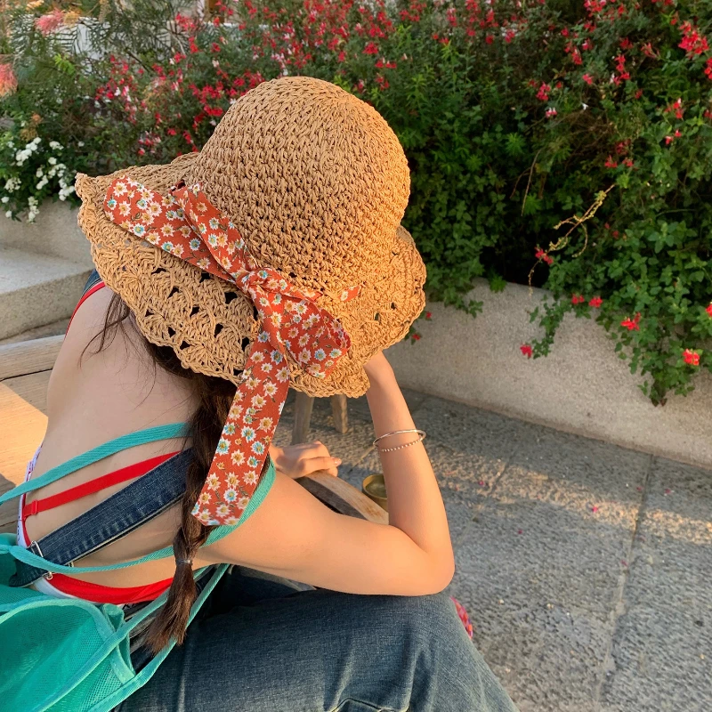 

Hot Selling Summer Ladies Bowknot Ribbon Big Eaves Sun Protection Hat Straw Hat Women Casual Beach Floppy Panama Caps Zomer