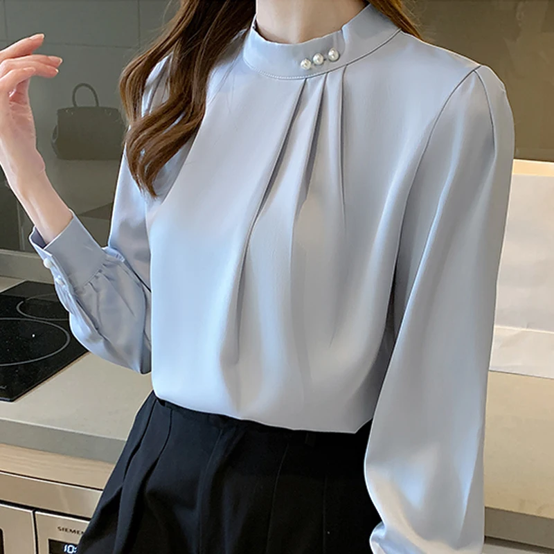 Элегантная Модная белая атласная рубашка женская шифоновая блузка с длинным