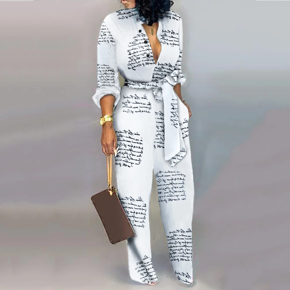Office Lady Fall One Piece High Waist Spring Elegant Long Sleeve Fashion Newspaper Print Jumpsuits Wide Leg Pants Overall Women