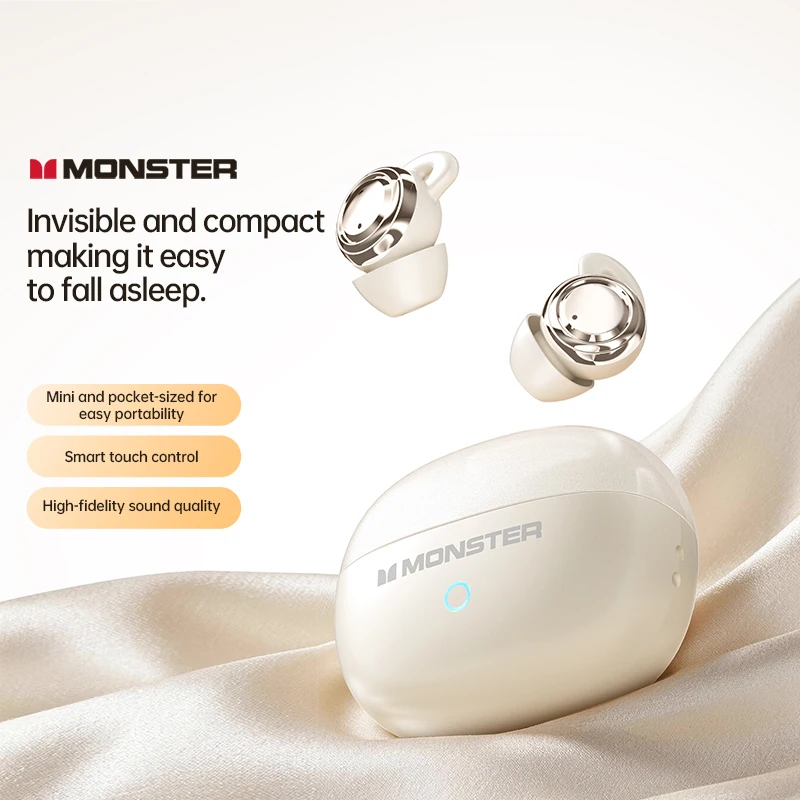 Фото Беспроводные мини-наушники Monster A08 ANC Bluetooth 6.0 для сна, невидимые, комфортные, с сенсорным управлением, водонепроницаемые №2