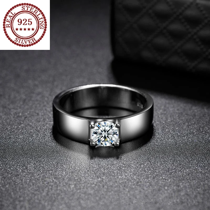 

S925 Sterling Silver Platinum Plated 1 Carat Simulation Moissanite Smooth Simple Diamond Couple Ring to Proposal for Girlfriend