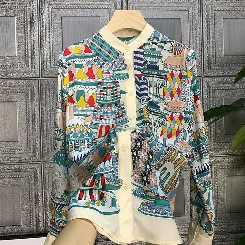 

Women Fashion Printing Imitation Silk Long Sleeve Shirt Camisas Mujer Ladies Top Button Up Shirt