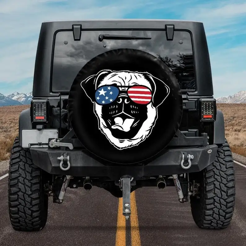 

Крышка запасной шины, искусственная кожа, автомобильные аксессуары для владельца мопса, запасная крышка для шины для домашних животных, отверстие для камеры, американский флаг