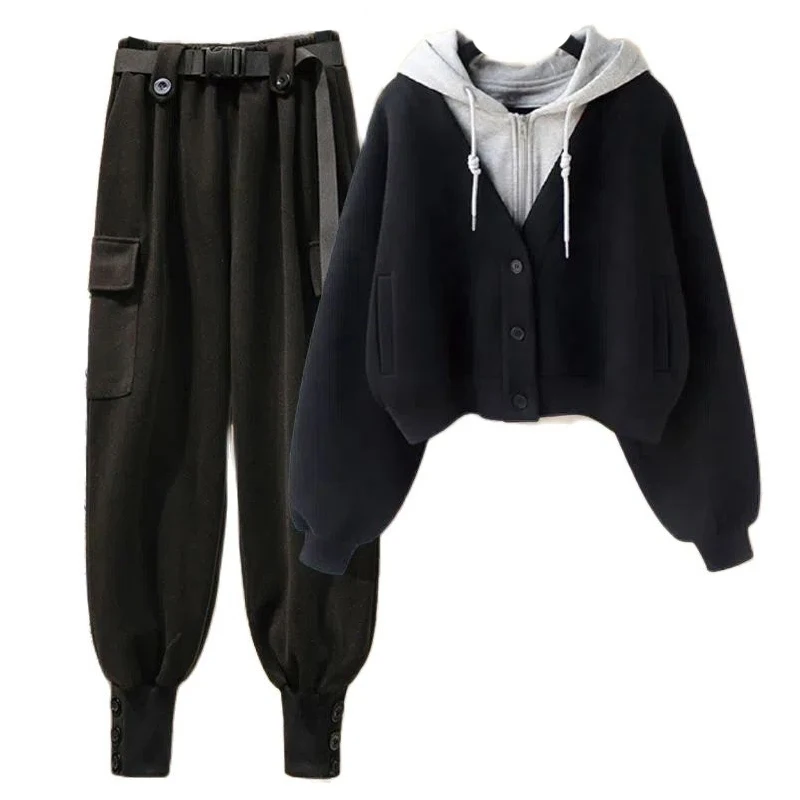 

Весенняя уличная одежда, Свободное пальто в стиле Харадзюку + брюки-карго, комплект из двух предметов с капюшоном, брюки-карго, женская уличн...