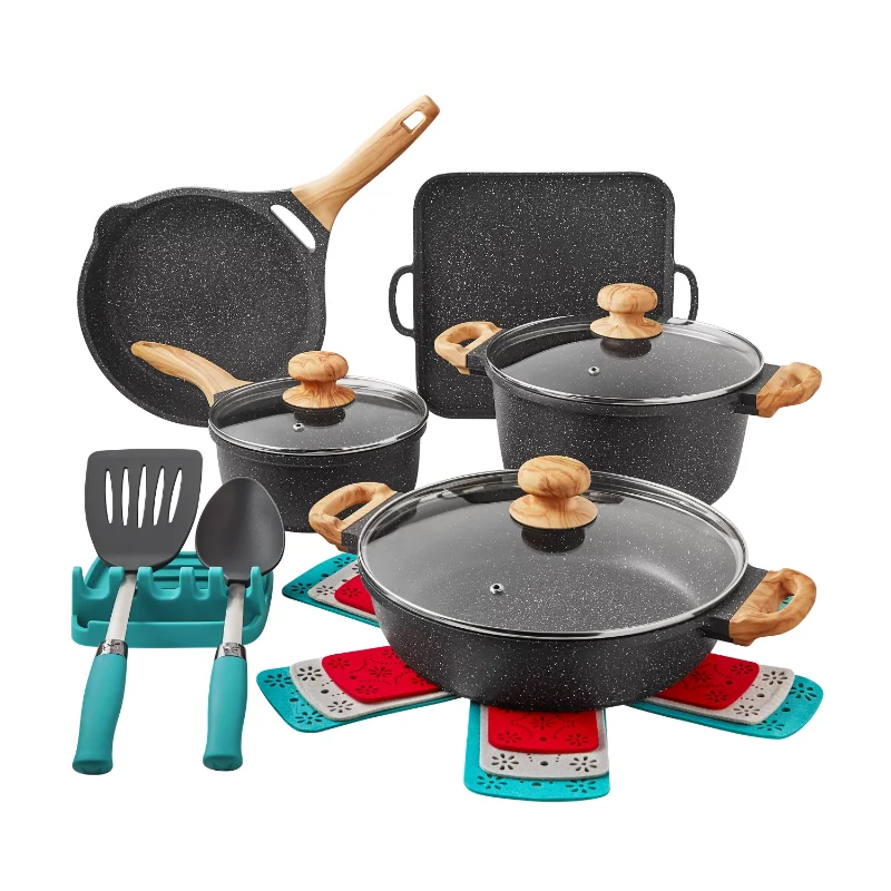 

The Pioneer Woman Prairie Signature 14-Piece Cast Aluminum Cookware Set Charcoal Speckle Pots and Pans Set Kitchen