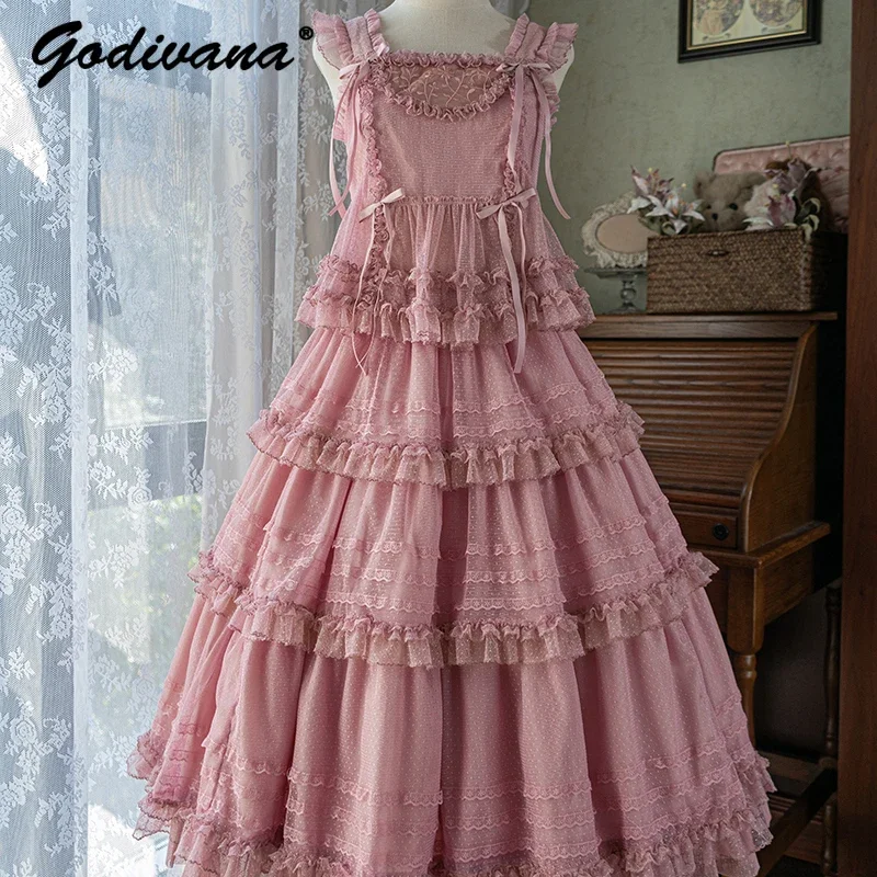 Женское милое розовое сетчатое кружевное многослойное длинное платье в горошек