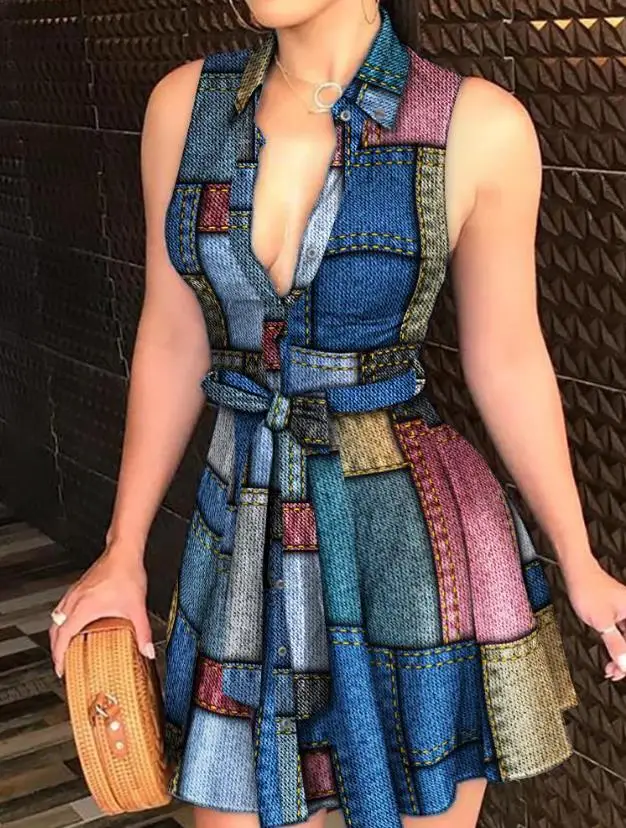 

Fashion Sleeveless Mini Dress Summer 2023 Personality Street Denim Style Printed Button Tie Shirt Dress Casual Women's Clothing