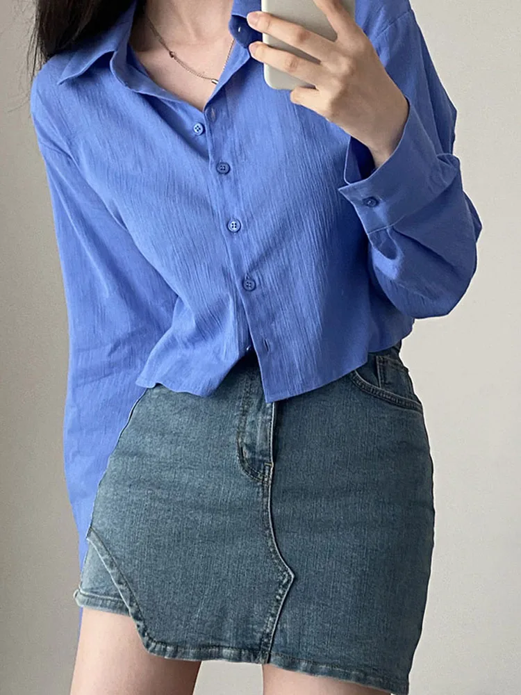 Летняя женская повседневная рубашка летняя однотонная с лацканами на спине